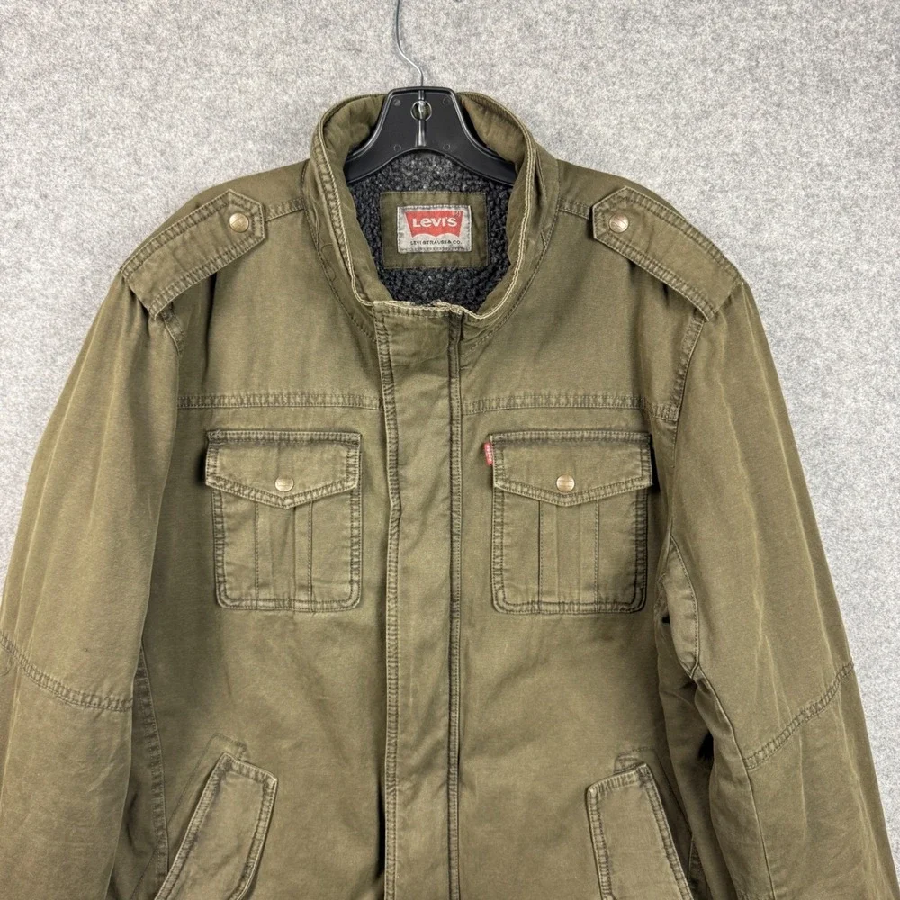 Levis Mens XL Sherpa Lined Military Field Jacket Olive Green Cotton Canvas Coat